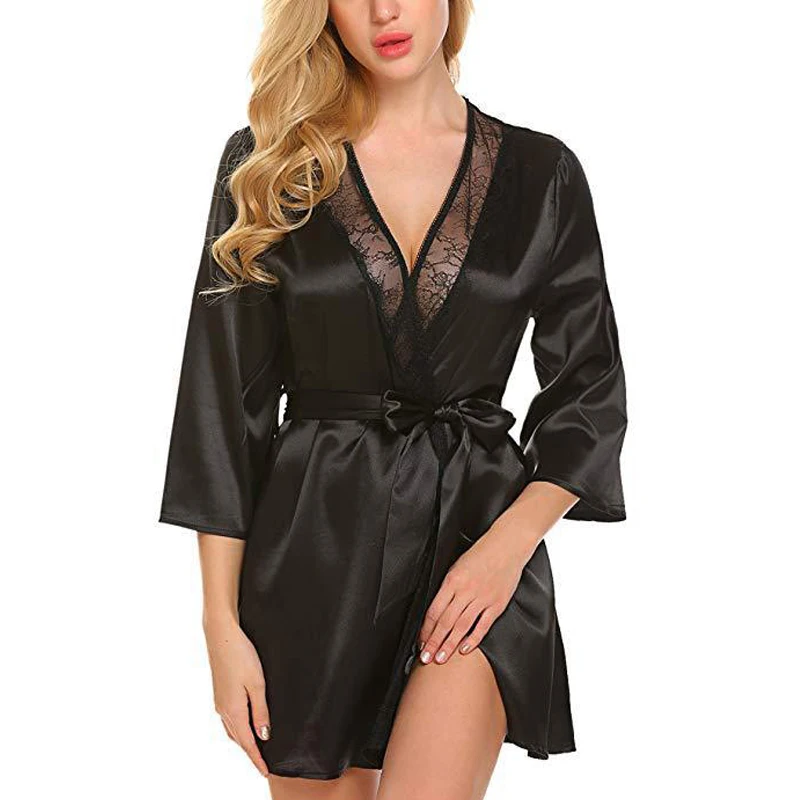 

Women Satin Robe Sexy Lingerie Nightgown Underwear Deep V Bathrobes Lace Satin Kimono Nightie Bridal Babydoll Pajamas