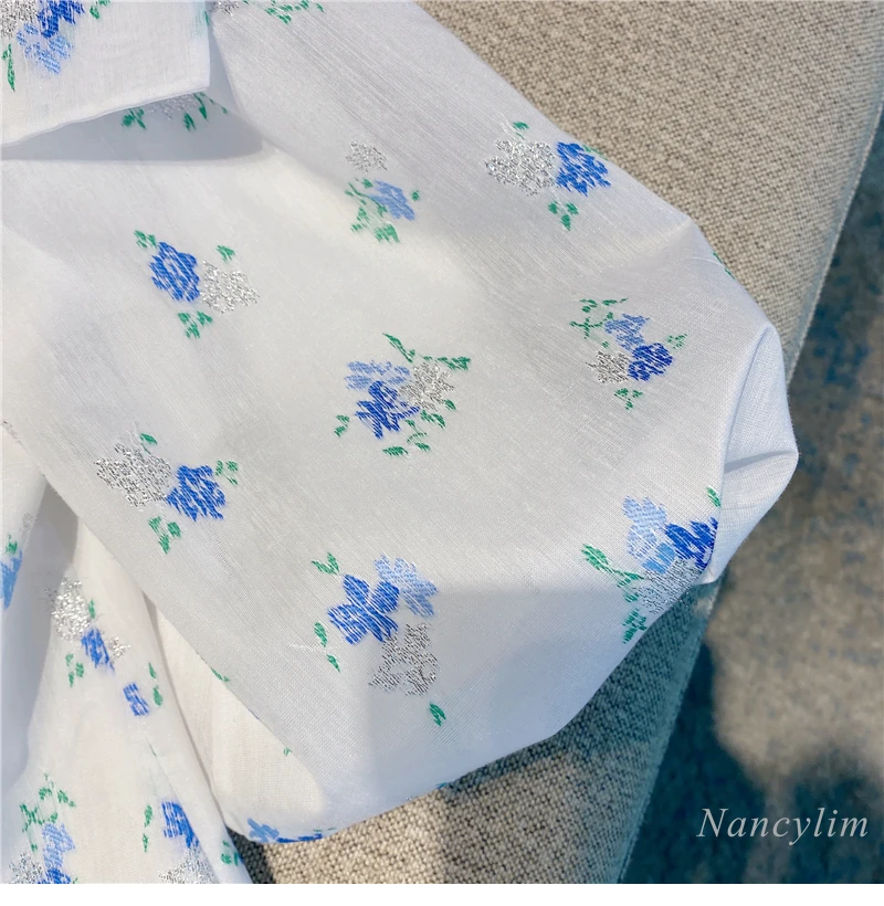 

Cropped Blouse for Women 2021 Spring Summer New All-Matching Doll Collar Short Embroidered Puff Sleeve Chiffon Shirt Lady Top