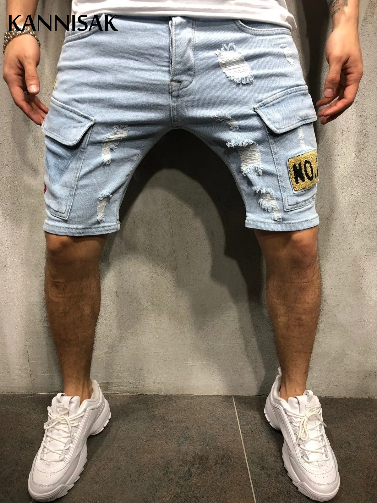 

Men Jeans Slim Fit Knee Length Casual Straight Solid Blue Patch Pockets Male Denim Pant Distressed Zipper Fly Mid Waist Jeans