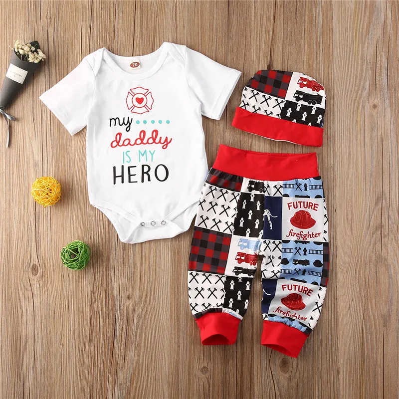 

Summer Baby Clothing Baby Boys Girls Letter Printed Romper Tops Pants Hat 3 PCS Suit Outfits Set Clothes