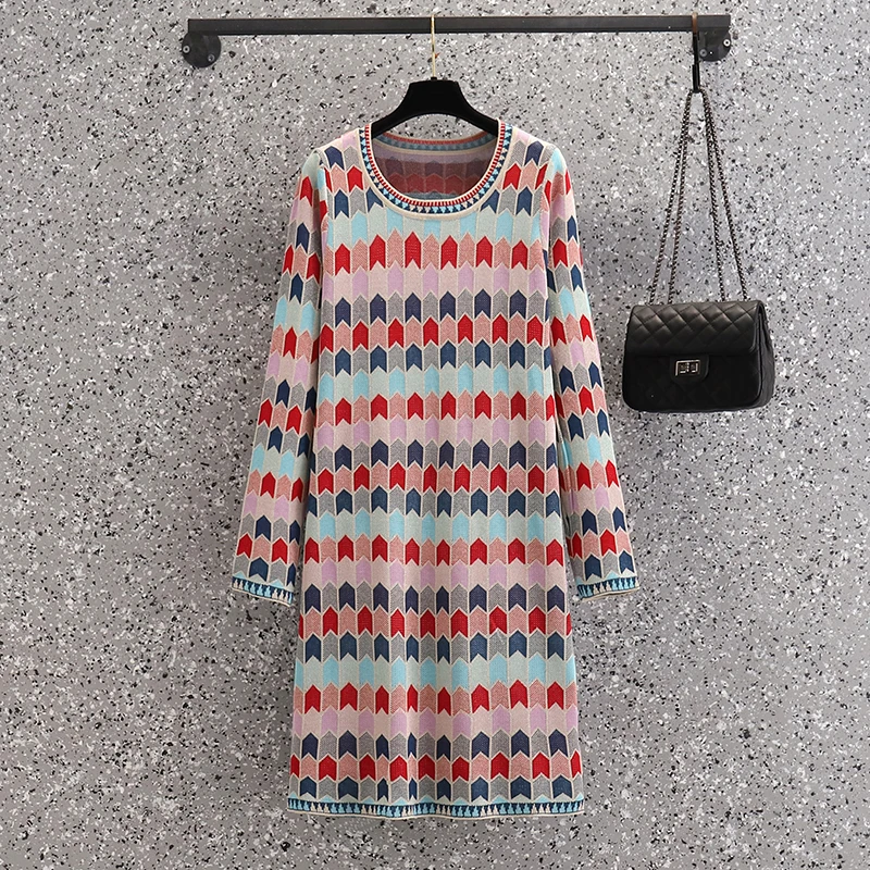 

Женское платье-свитер в клетку, с длинным рукавом и круглым вырезом