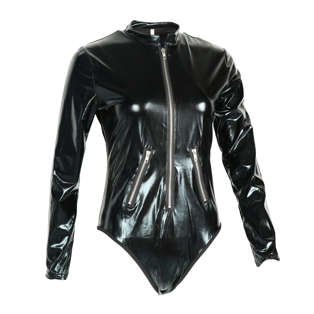 

Women PU Leather Sexy Night Bar Clubwear Zip Round Collar Bodysuit Jumpsuit