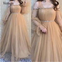 verngo a line champagne puff long sleeves tulle prom dresses plus size beading crystal sash burgundygreen formal evening gowns