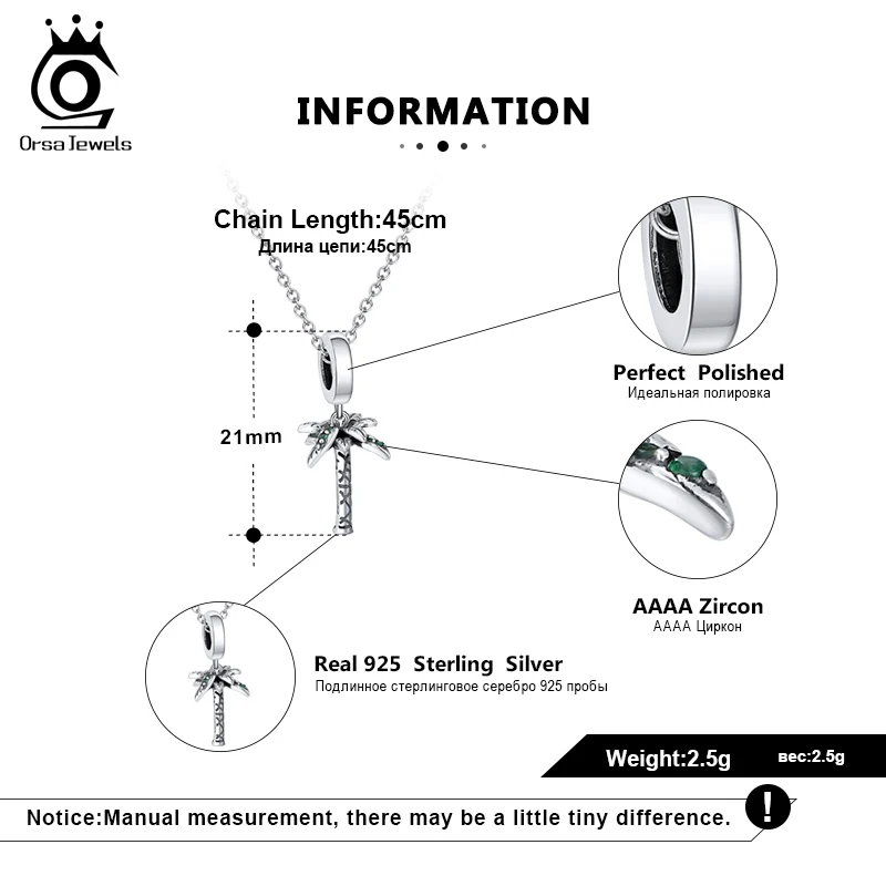 

ORSA JEWELS 925 Sterling Silver Silver Charm Necklace Refreshing Coconut Palm Shape AAAA Zirconia Pendant For Girls CB21