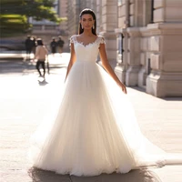 sheer scoop short sleeves tulle lace appliques wedding dresses sexy backless spring garden bridal gowns 2021 formal long