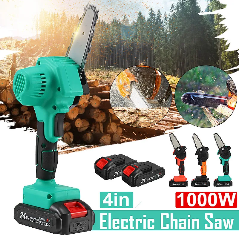 

1200W 4 Inch 24V Mini Electric Chain Saw With 2PC Battery Woodworking Pruning One-handed Garden Tool Rechargeable EU Plug