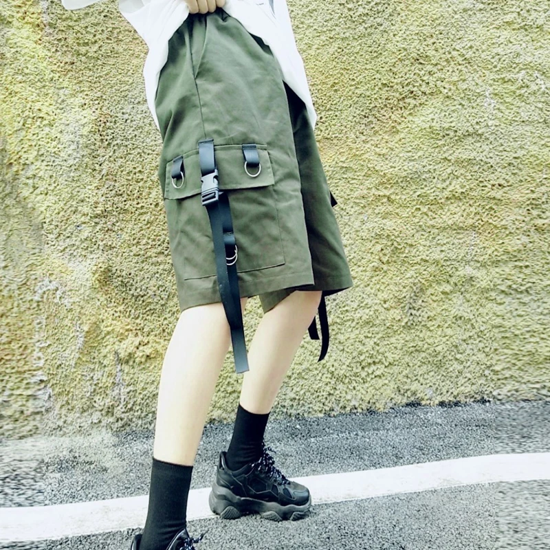 

Black Cargo Straight Loose Solid Shorts Women Clothing Fashion Brand New Summer Hip Hop Pocket Chain Casual Wide Leg Pants 2021