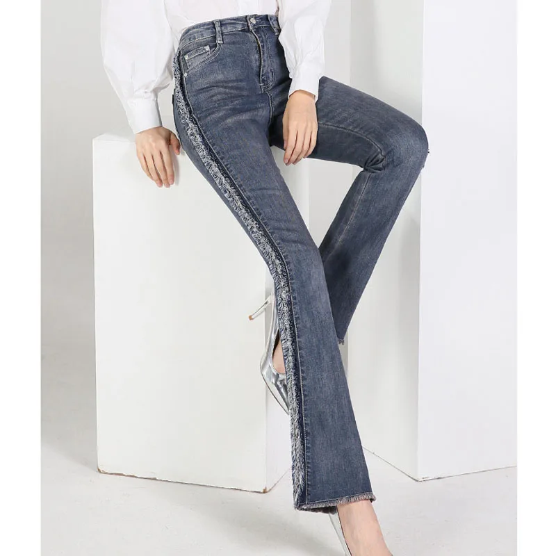 

FERZIGE New Elastic Skinny Raw Jeans Beautiful High Waist Flare Pants Women Streetwear Sweet Female Vintage Blue Plus Size 36