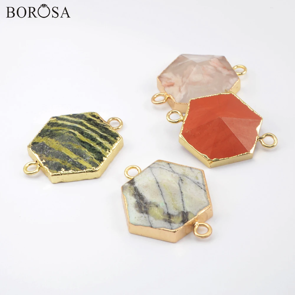 

BOROSA Hexagon Mixed Natural Gems Stones Connector for Necklace Gild Double Charms Geometric Pendant Necklace Accessories WX1499