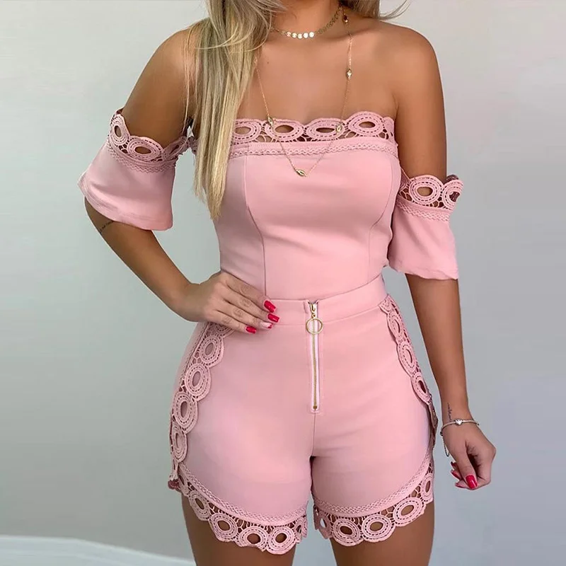 

Womens Off Shoulder Tops Hollow Out Lace Shorts Suits Plus Size Short Sleeve Women's Sexy Set 2021 Summer Streetwear Two Pieces