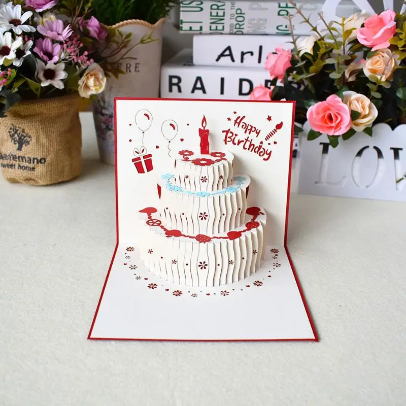 3D Pop Up Happy Birthday Greeting Cards Cake Postcards Invitations with Envelope Card | &