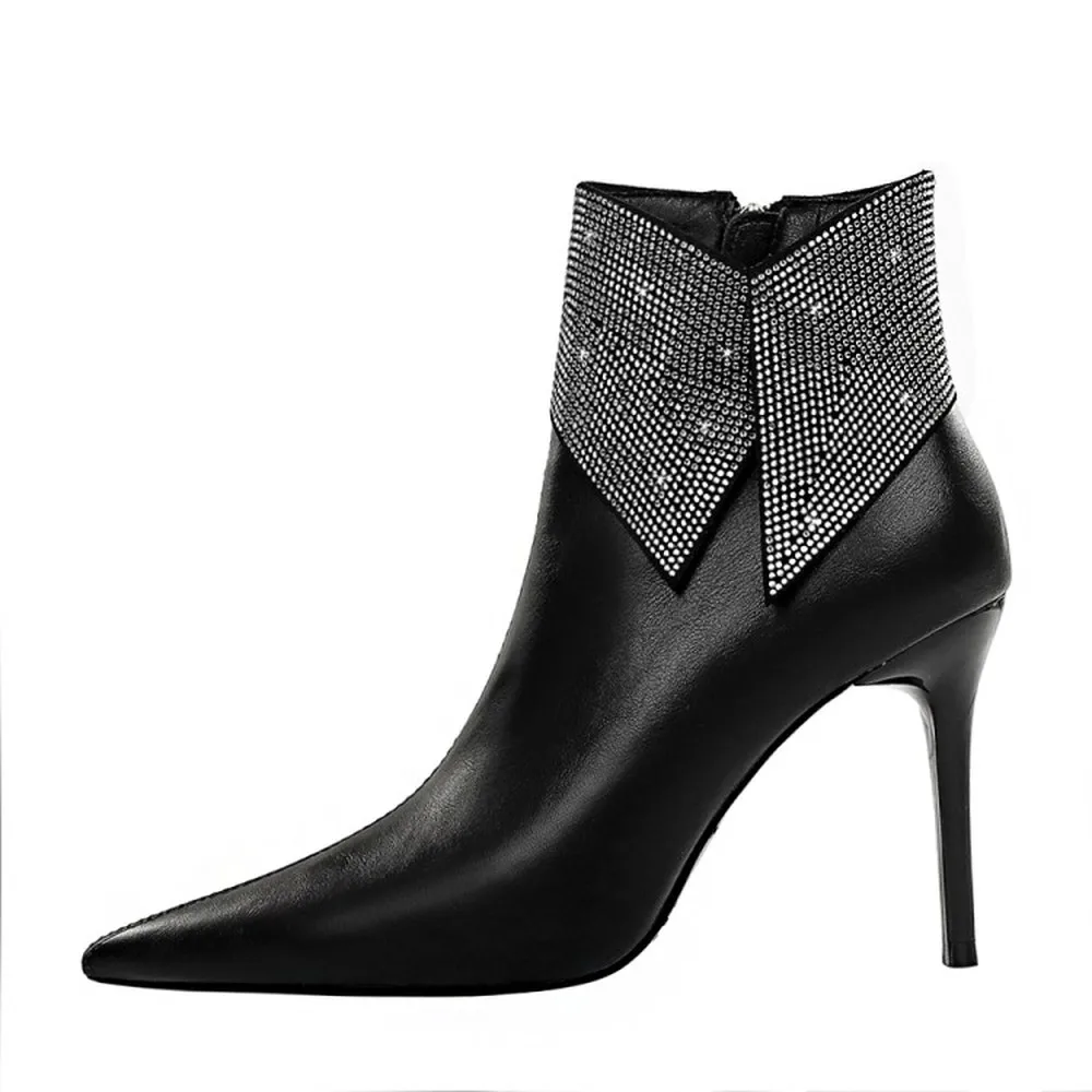 

Womens Pointy Toe Rhinestones Crystal Ankle Boots Stilettos High Heel Warm Winter Shoes Side Zipper Sexy New 2022