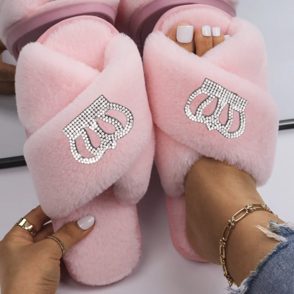Women's Slippers Rhinestone Silver Crown Fluffy Faux Fur Slides Flat Sandals Custom Winter Slippers Flip Flops Designer Shoes
