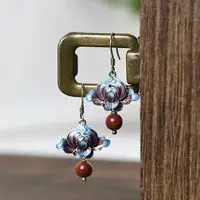 

Cloisonne Silver Earrings Women's S925 Sterling Silver Vintage Chinese Fashion Burnt Blue Peony Flower Southern Red Agate Ear Ri