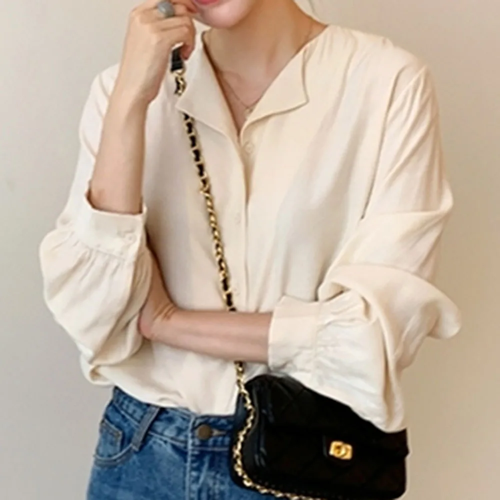 

Solid Color Vintage Shirts Women 2021 Fashion Women's Shirt Lantern Sleeve Single Breasted Turn-Down Collar Office Tops Femme