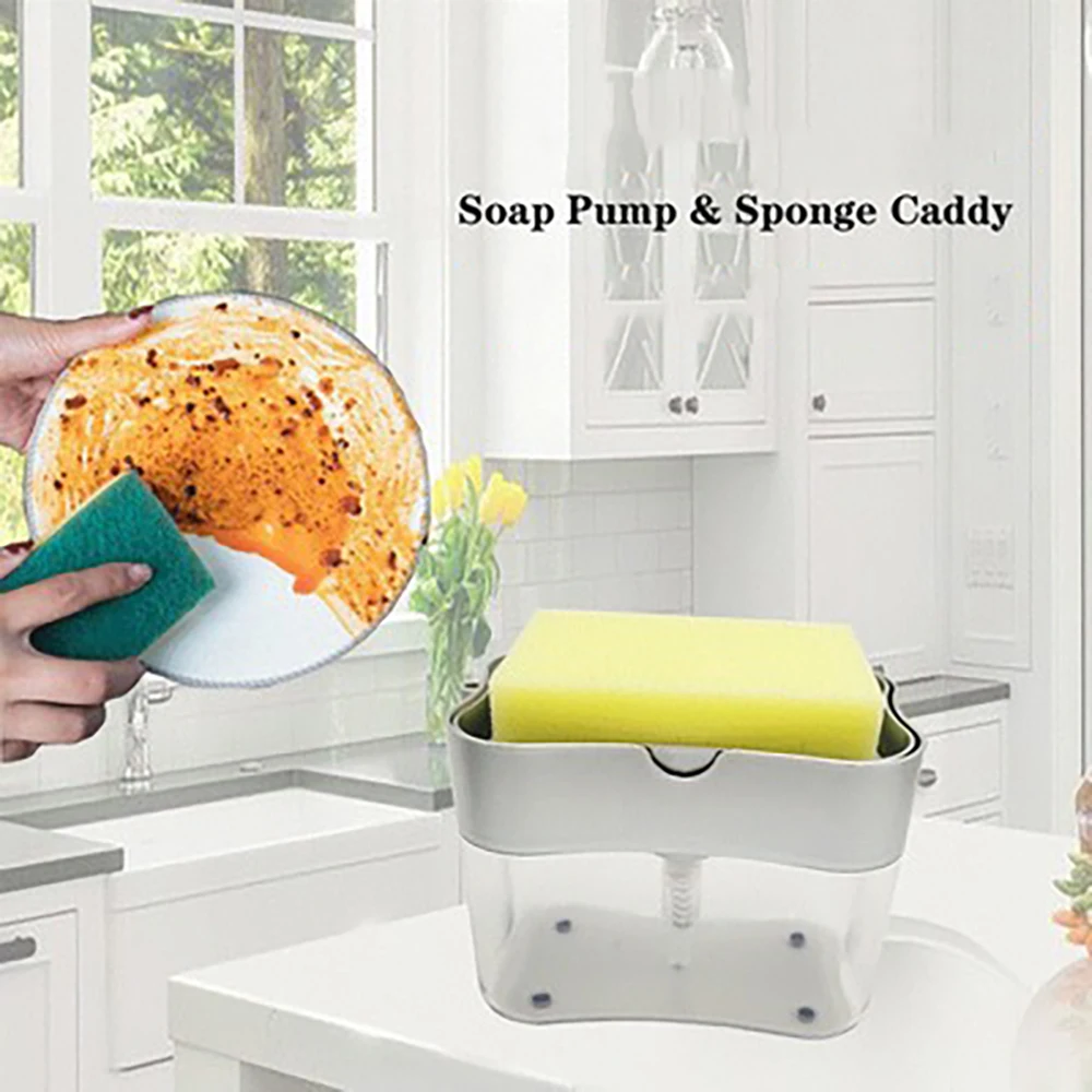 

2 In 1 Kitchen Hand Press Soap Lye BoxCleaning Brush Dishwashing Liquid Press Automatic Filling Box Sponge Brush Storage Box