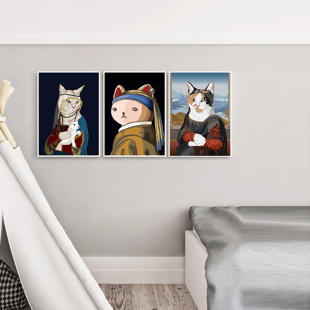 Постер в виде кошки с жемчужинами и серьгами Картина на холсте кошкой для леди