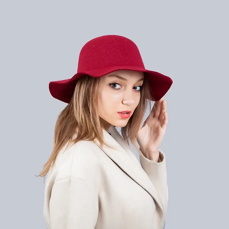 Новые шляпы для женщин Мягкие винтажные широкие полями шерсть фетровая шляпа