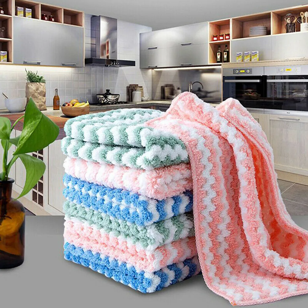 

5pcs Stripe Dish Clean Towel Coral Fleece Highly Absorbent Wipe Cloth Kitchen Dish Pot Cup Rag Scouring Pad Home Cleaning Towel