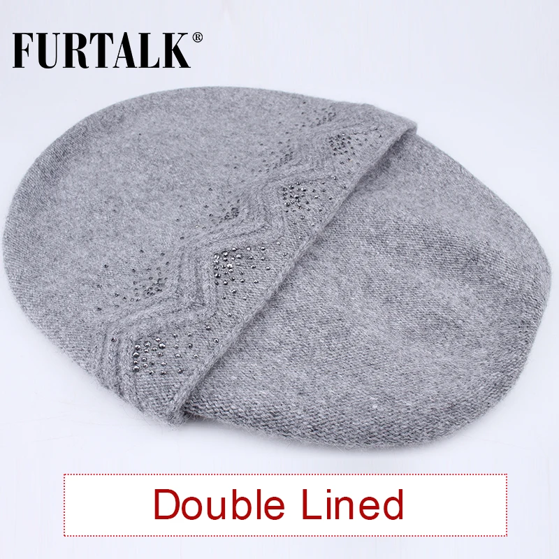 FURTALK/осенне-зимняя шерстяная Круглая Шапочка, шапка для женщин, шапки из кроличьего меха со стразами, двойная шапка Skullies Beanie для женщин