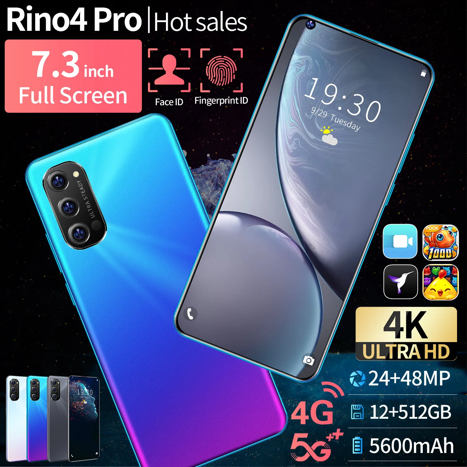 

OPPI Rino4 Pro Smartphones Global Version 7.3inch Dual SIM Face Unlocking 12G 512G 48MP GPS 5600mh 5G LTE CellPhone In Stock