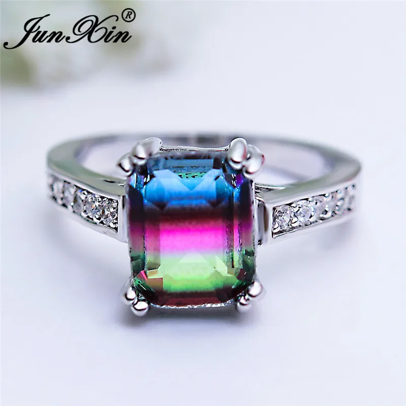 Градиент цвета радуги с кристальным камнем квадратные кольца для женщин