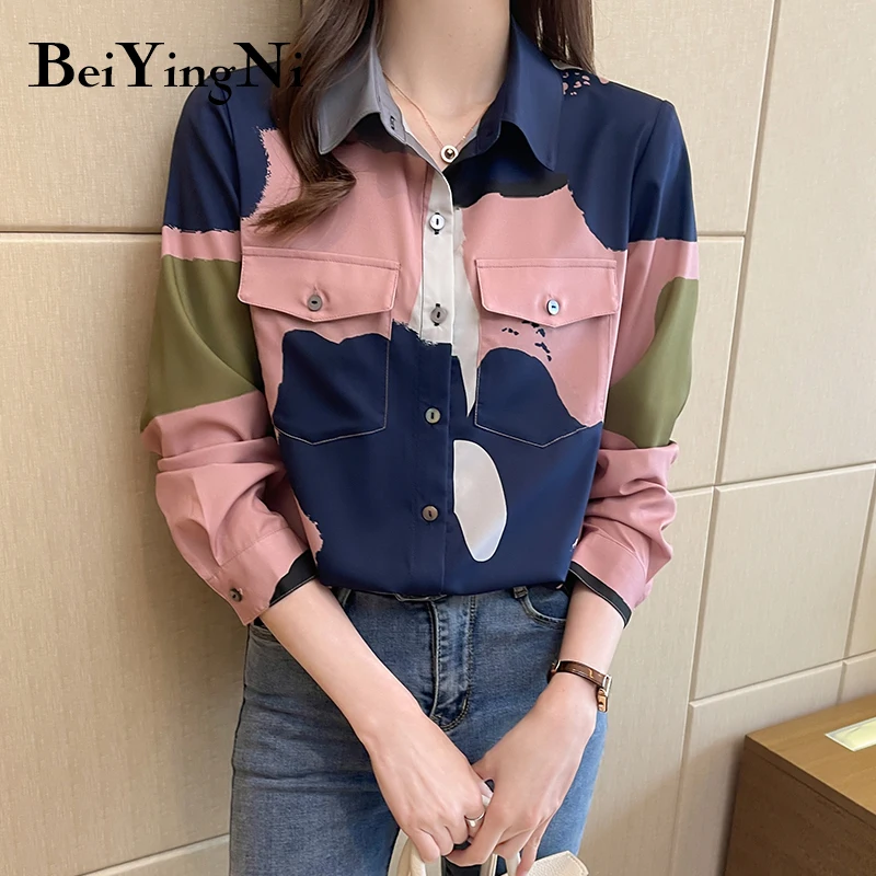 

Beiyingni Korean Spell Color Pockets Buttons Casual Female Blouses High Street Chic Fashion Slim Womens Shirts Sweet Ladies Tops