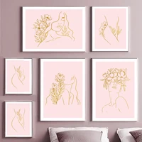 flower gold line naked girl abstract art canvas painting nordic posters and prints wall pictures for living room bedroom decor
