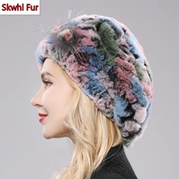 new arrival lady beret caps knitted warm real rex rabbit fur beanies hats for women thick winter rex rabbit real fur cap