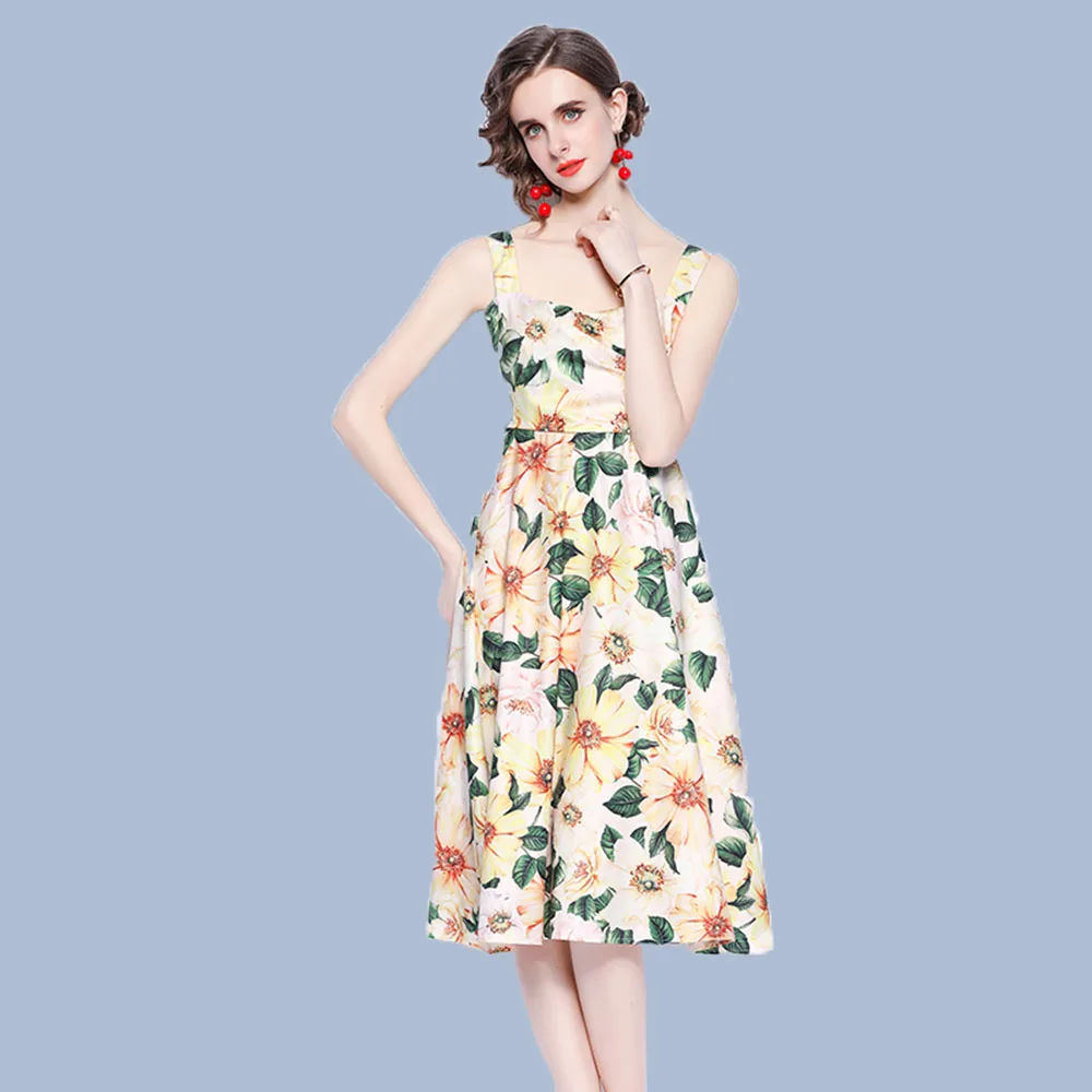 

Western Style Fashion Design Women's Sling Dress 2021 Summer Casual Temperament High Waist Printing V-neck