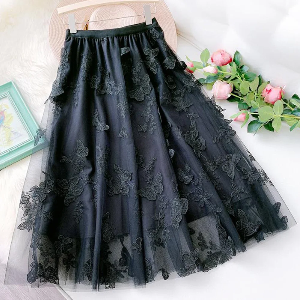 

Black 3D Butterfly Lace Skirt Women High Waist Mesh Long Skrit Female Elegant Midi Tulle Skirt Sweet Cute Student School Bottoms
