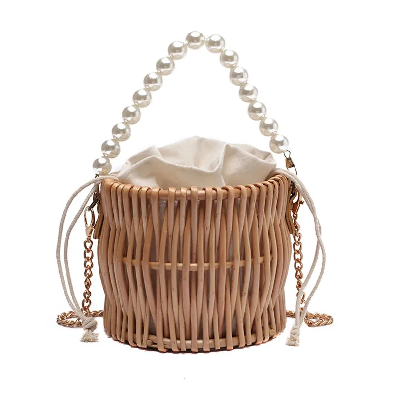 

Beading Chain Summer Small Straw Shoulder Bags For Women Rattan Weave Travel Beach Bucket Bag Women's Fashion Crossbody Handbags