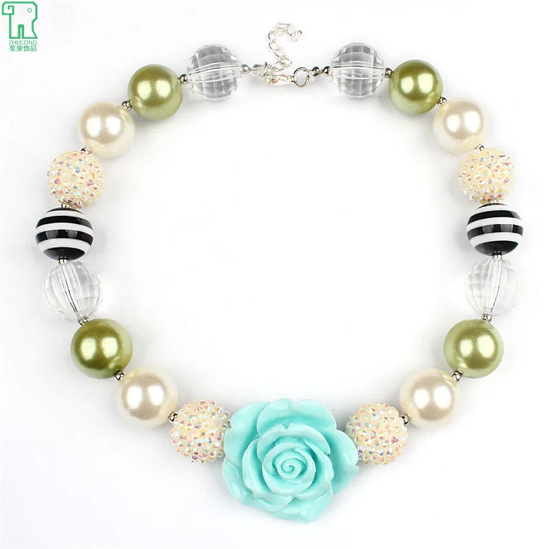 

5PCS New Blue Rose Flower Kids Pendant Necklaces Chunky Bubblegum Beads Pendants Necklace For Children Kid Girl Jewelry