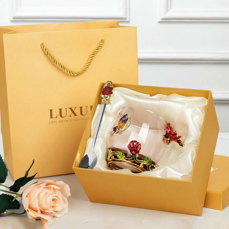 Стеклянная кружка для кофе с эмалью красной розы стеклянная чашка и