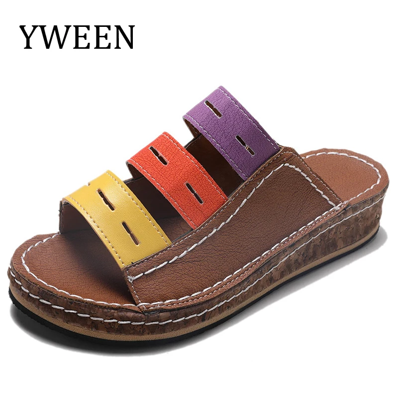 

Босоножки женские на танкетке YWEEN, летние, ортопедические, с открытым носком, винтажные, Нескользящие, кожаные, на платформе, в стиле ретро