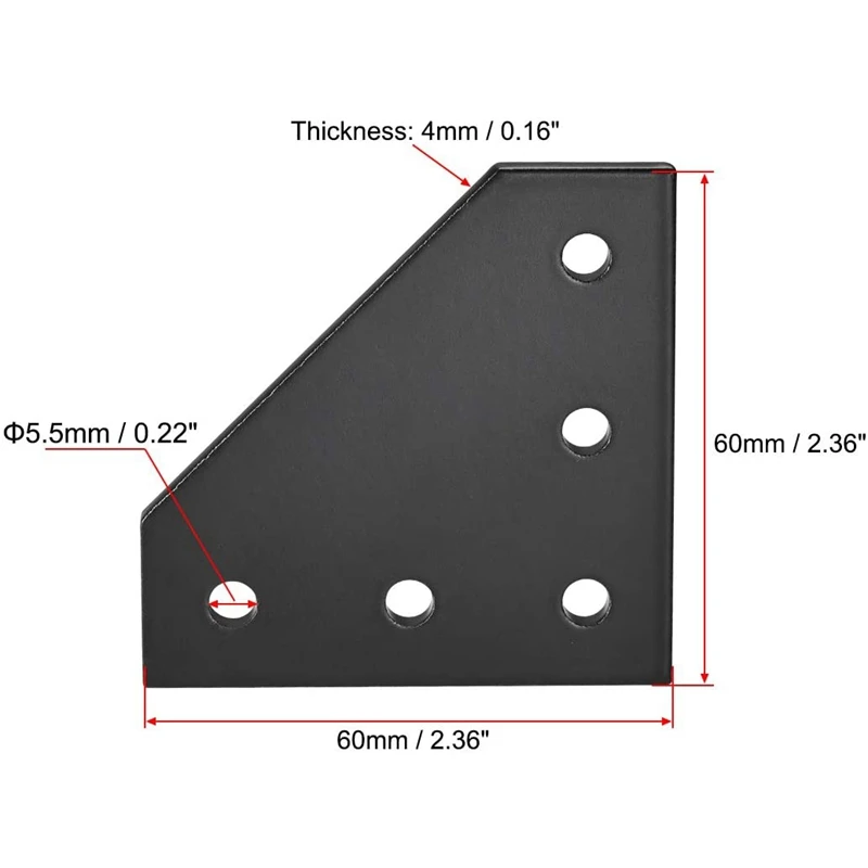 3D Принтер 90 градусов 60x60x4 мм L тип с 5 отверстиями черные соединительные пластины