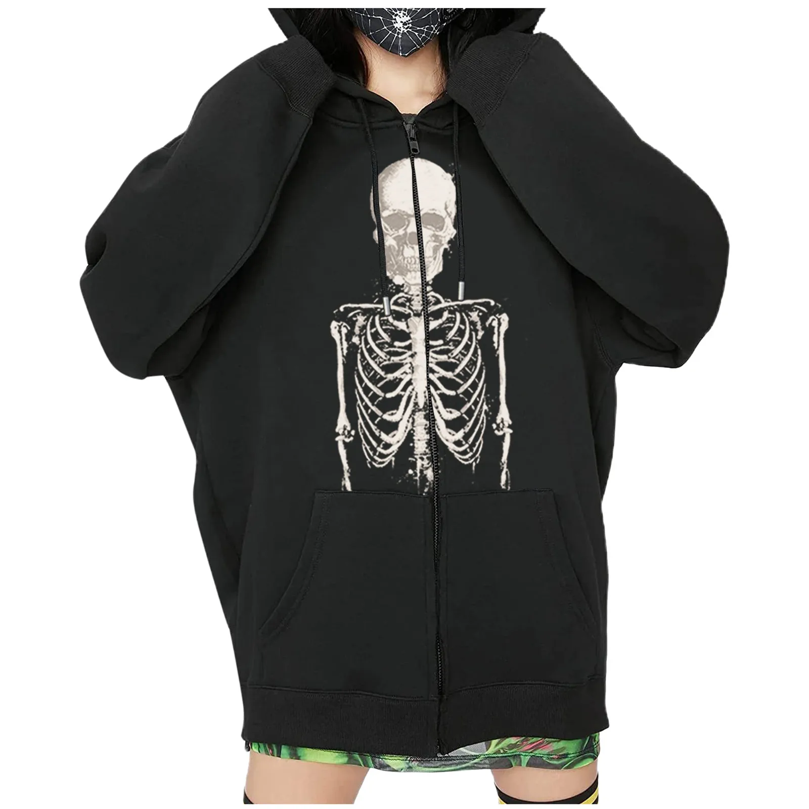 

Zip-up hip-hop Sweatshirt Oversized Women Hoodie Grunge Long Sleeve jacket Zipper Hoody skull print retro 90s Outwear Pullovers