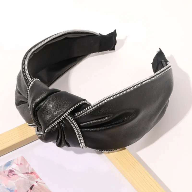 

Solid Color Wide Brimmed Synthetic Leather Zipper Hair Hoop Middle Knotted Head Hoop Artificial Leather Headband 2021 New