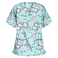 christmas print scrub tops women short sleeve nurse uniform v neck blouse summer carer healthcare tunic veterinaria workwear a5