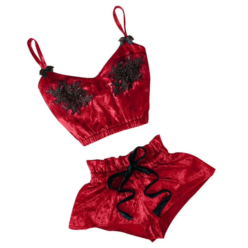 

Women Sleepwear Underwear Set Women V-Neck Eyelash Beaded Sexy Satin Camisole Pajamas Bowknot Fashion Shorts Set Pyjama 2021