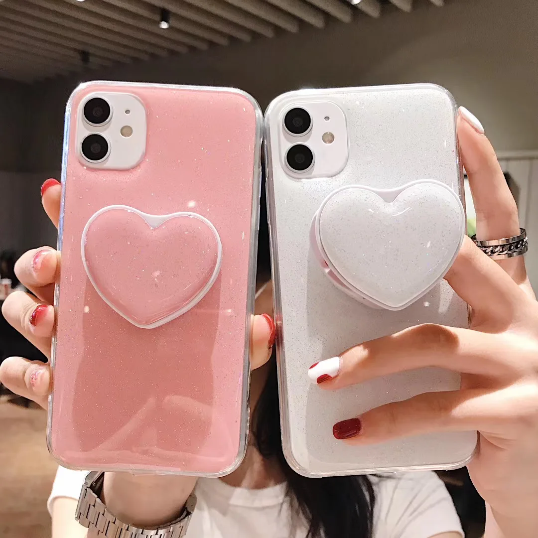 

Candy Love Heart Phone Case for IPhone 12 13 11 Pro Max 6 7 8 Plus Mini Xsmax Xr Cute Glitter Holder Stand Shockproof Back Cover