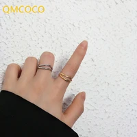 qmcoco fashion punk double lines ring geometric simple hollow out student silver color ring women fashion jewelry accessiory