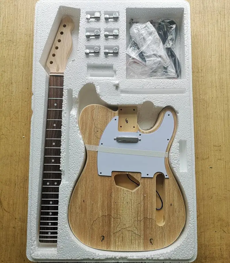 TL стиль электрогитара DIY Kit Spalted клен шпон бас дерево тело жесткий клен шеи палисандр гриф набор