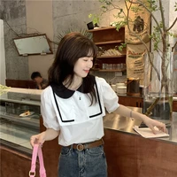 shirt korean design contrast color doll collar short sleeved shirt female summer new slim and thin all match blouse