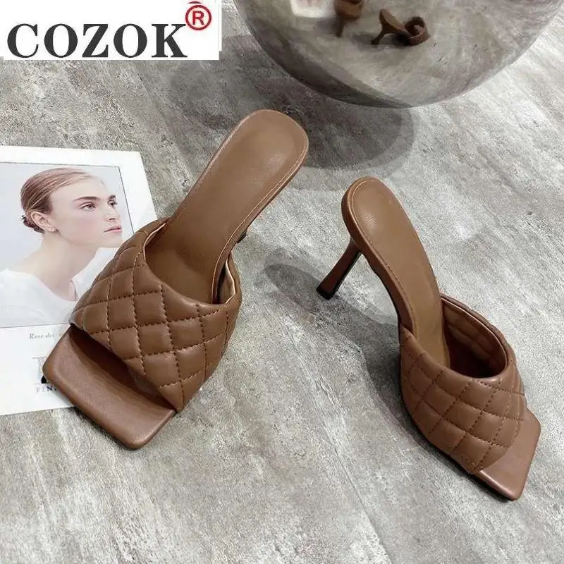 

2021 Brand Design Women Elegant Square Sandaly Toe Thin High Heels 9CM Summer Outdoor Beach Shoes Gladiator 9CM Ladies Sandals