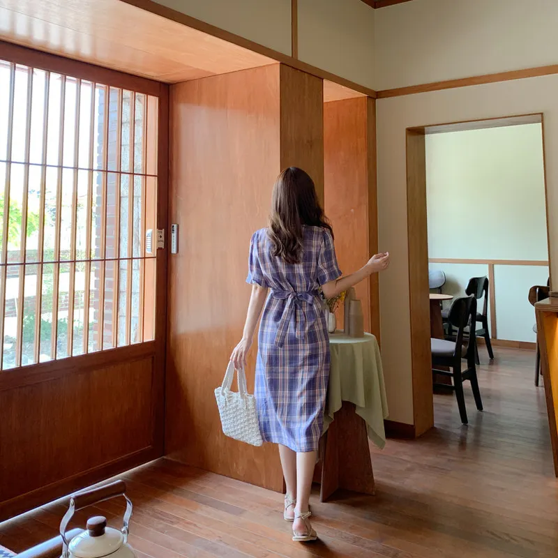 

2020 Fashion Women's Dresses Square Collar Short Sleeve Ladies Plaid Dress Summer Casual Female Midi Dresses Slim Waist Dress