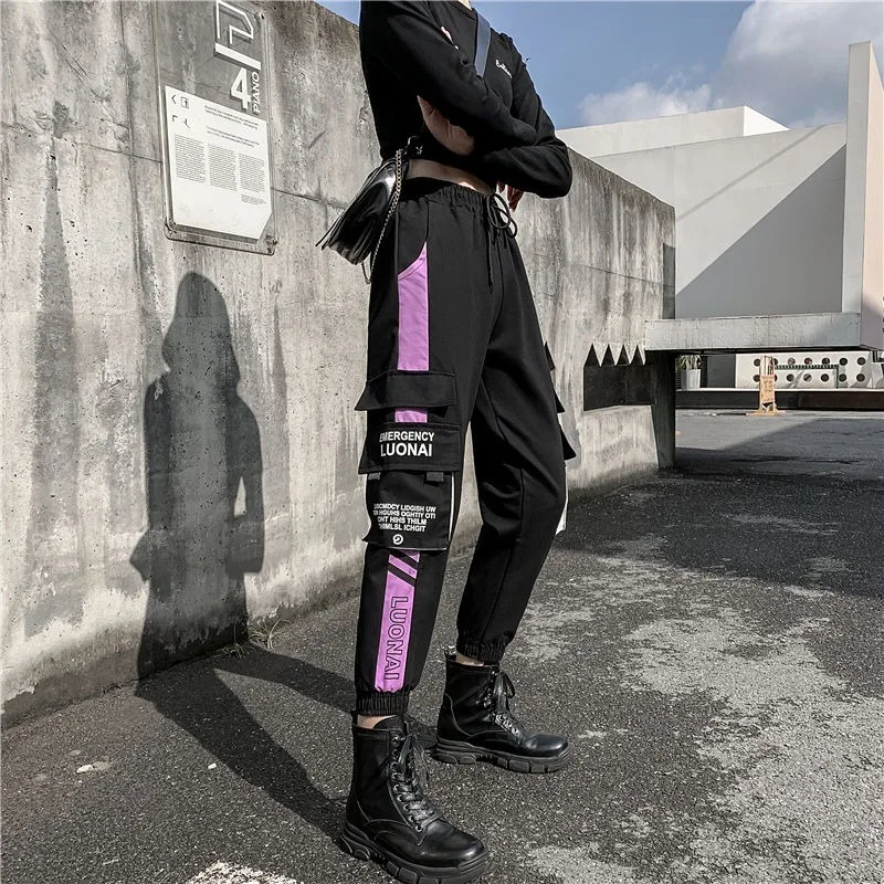 

HOUZHOU Women Fashion Loose Cargo Pants Women Streetwear Women Casual Trousers Korean Style Ankle-length Jogger Pants 2020