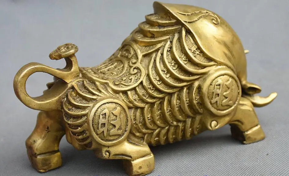 7&quot Chinese Folk Feng Shui Brass Wealth Coin Rich strong Zodiac Bull Oxen Statue | Дом и сад