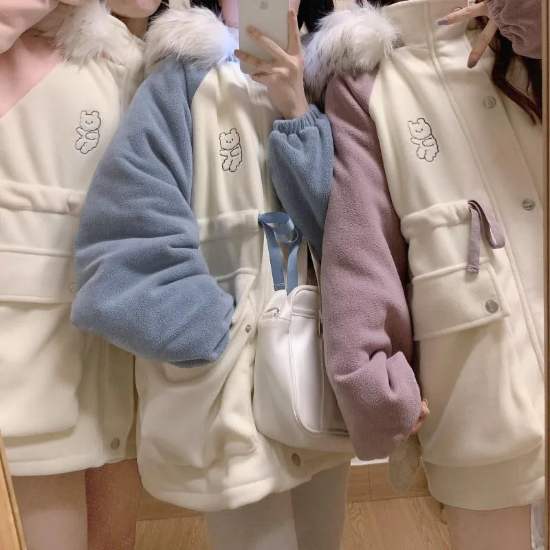 Зимнее Новое утолщенное теплое пальто-лоли с вышивкой и милым медведем японский