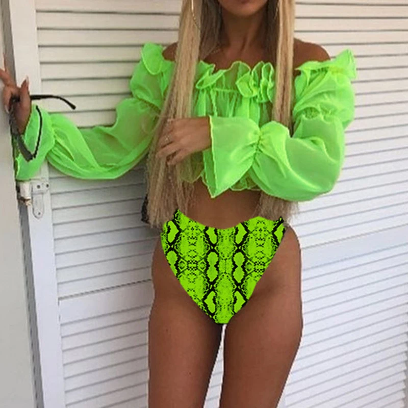 Sexy Green bikini set Swimwear Women Mesh long sleeve swimsuit female High waist bikini Snake printed Bathing suit Mujer